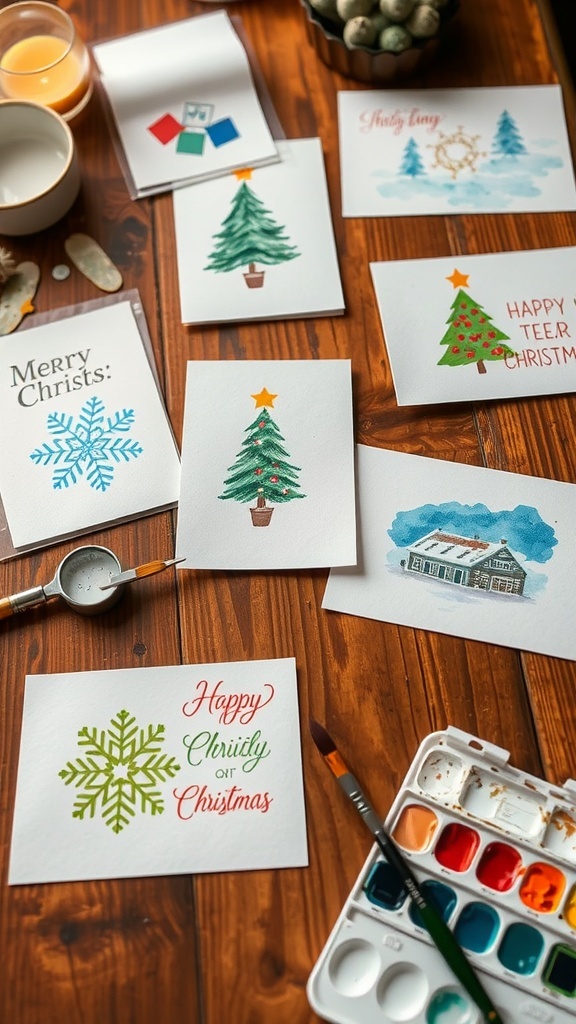 Handmade watercolor Christmas cards with festive designs on a wooden table.